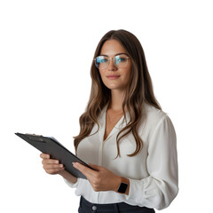 Confident professional woman with clipboard reviews data, ready to present success.