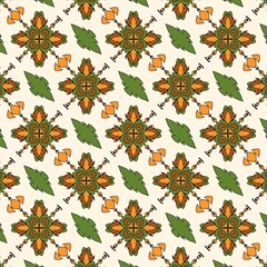 autumn leaves seamless pattern. A seamless repeating pattern featuring stylized floral and leaf motifs with a mandala-like appearance.