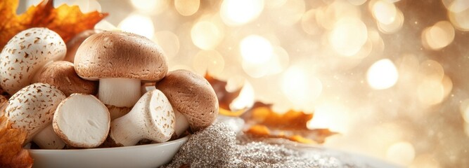 Obraz premium Arrangement of various mushrooms on a textured surface with warm autumn leaves and soft glowing background
