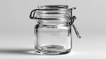 Close up of a small glass jar with a metal clasp on a white background.