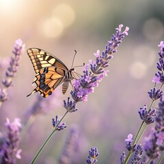 Obraz premium Close-up macro shot of a delicate butterfly perched on blooming lavender flowers with dreamy pastel bokeh background, symbolizing beauty, summer nature, calmness, and fresh inspiration. 