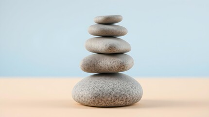 Obraz premium Balanced stack of smooth grey stones arranged in harmony against a soft pastel gradient background, minimal zen-inspired composition symbolizing peace, relaxation, balance, and calm focus. 
