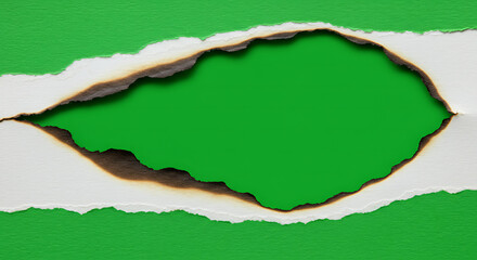 Fototapeta premium Creative concept of a burnt and torn hole in green paper, revealing a central green screen area for copy space and compositing.