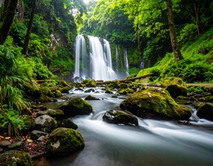 Fototapeta premium Lush waterfall cascading into a stream