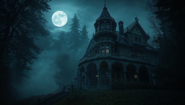 Mysterious gothic mansion under full moon night scene