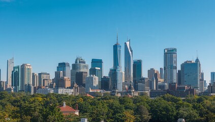 Fototapeta premium Modern city skyline panorama under blue sky with green landscape