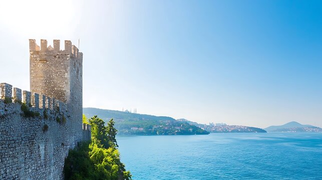Historic stone castle tower overlooking the blue sea under a clear sky
