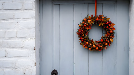 A festive wreath hangs on a light blue wooden door near a white brick wall.