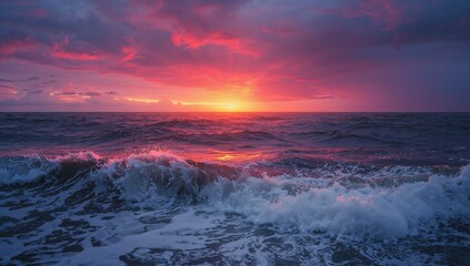 Obraz premium Fiery sunset over stormy ocean waves beautiful sky colors