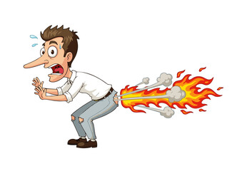 Cartoon Man Farting Flames with Shocked Expression and Fearful Reaction.