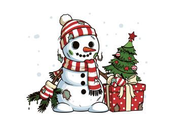 Cartoon Snowman with Red and White Scarf Hat and Gift Box Christmas Theme.