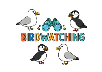 Cartoon Birds and Binoculars Illustration for Birdwatching and Nature Enthusiasts.