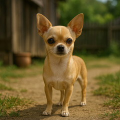  AI-generated image of a tiny Chihuahua standing on a sunlit path, with big expressive eyes and a playful yet alert expression.