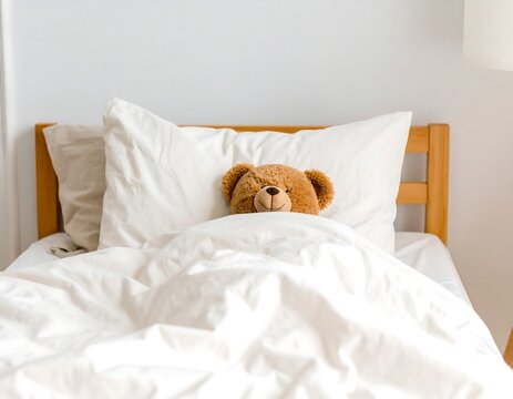 Teddy bear sleeping in a bed