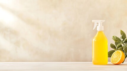 Yellow cleaning spray bottle with orange slice and green leaves