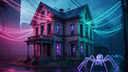 A spooky haunted house with skeletons and spiders, illuminated by neon lights at night
