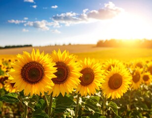 Fototapeta premium Sunflowers in a field at sunset
