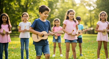 Fototapeta premium 陽光輝く緑地で笑顔輝く子供達ウクレレ演奏. AI Generated