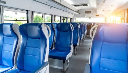 Fototapeta premium Interior of a bus with blue seats. Sunlight streams in