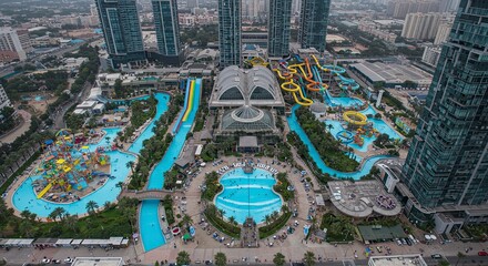 Aerial View of Yas Waterworld, Abu Dhabi, with Modern Skyscrapers and Vibrant Water Slides