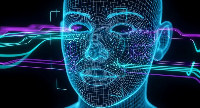 Futuristic face recognition technology with glowing data streams and digital human head
