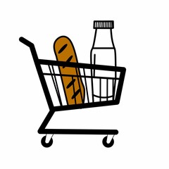Shopping cart with bread and milk. Grocery shopping. Vector illustration.