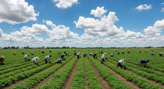 Agricultural Workers Harvesting Crops Under a Vast, Cloudy Sky on a Sunny Day