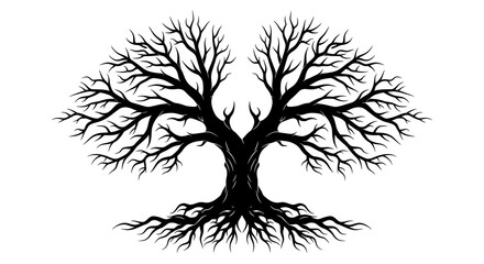 Obraz premium Silhouette of a majestic bare tree with intricate roots and branches against a white background