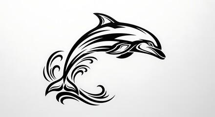 Stylish black and white tattoo-inspired illustration of a dolphin leaping in the ocean waves © Agoenk