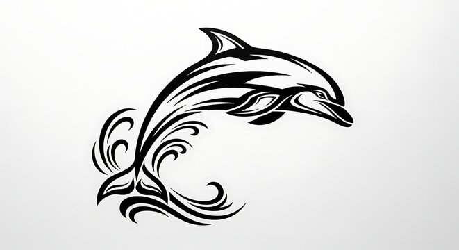 Stylish black and white tattoo-inspired illustration of a dolphin leaping in the ocean waves