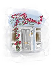 Watercolor illustration of house with roses on the wall