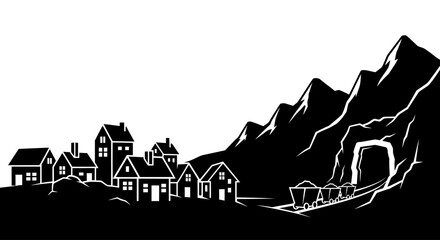 mining town silhouette illustrating resource extraction community impact and industrial landscapes for reports presentations and educational materials