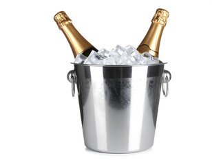 Two champagne bottles in a metal bucket filled with ice
