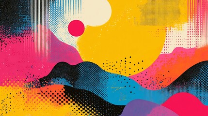 Vibrant abstract landscape with retro halftone and spray paint textures