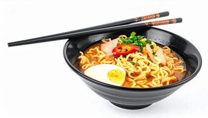 Delicious ramen bowl with noodles, egg, and chopsticks ready for a satisfying meal