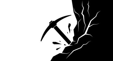 breaking ground a striking pickaxe silhouette against a cracked rock face perfect for mining geology or cryptocurrency projects