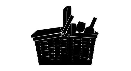 pack the perfect picnic stylish black and white silhouette of a picnic basket with wine and glasses ideal for menu design event invitations and outdoor lifestyle branding