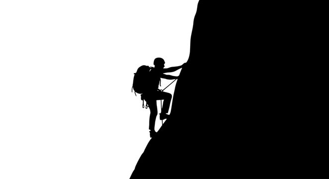 climber ascending steep rock face silhouette illustration for success challenge and perseverance concepts