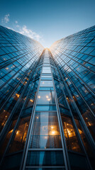 Skyscraper Ascent: Captivating view of a modern skyscraper, its glass facade reflecting the sky and embodying ambitious upward growth.