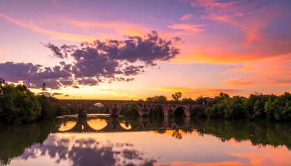 Obraz premium Sunset over a river bridge