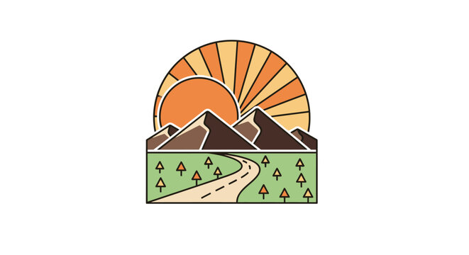 scenic sunrise mountain road trip retro line art illustration perfect for travel blogs adventure branding and outdoor apparel designs