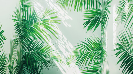 Fototapeta premium A surreal white minimalist office interior with walls covered in vibrant green tropical palm leaf wallpaper. 