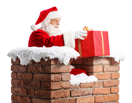 Santa Sitting on Chimney Edge Holding a Present, Angled Side View, Transparent PNG