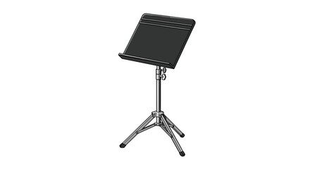 Illustration of a black metal music stand with a tripod base and adjustable height mechanism in a studio on transparent background