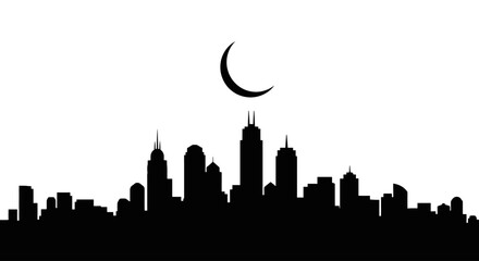 crescent moon over city skyline elegant black and white silhouette for nighttime urban designs website headers and ramadan greetings