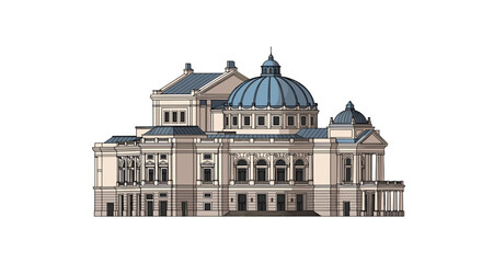 Fototapeta premium Illustration of a grand classical building with a large dome and multiple windows and columns facade on transparent background