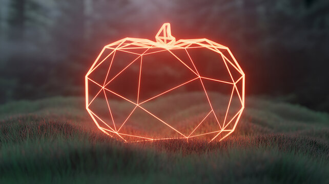A neon wireframe pumpkin glowing in a field at night for halloween - Powered by Adobe