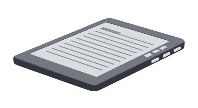 Isometric illustration of an ebook reader with a screen displaying text and buttons on the side on transparent background