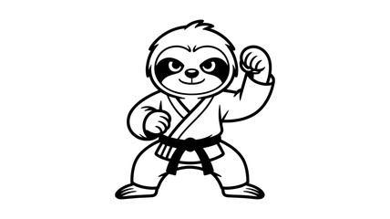 Cute cartoon sloth in karate gi ready for action isolated on white background