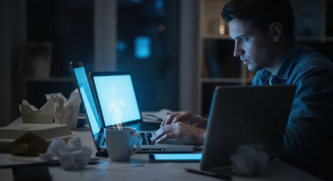 Focused Man Working Late at Night on Laptop with Steaming Coffee - Powered by Adobe
